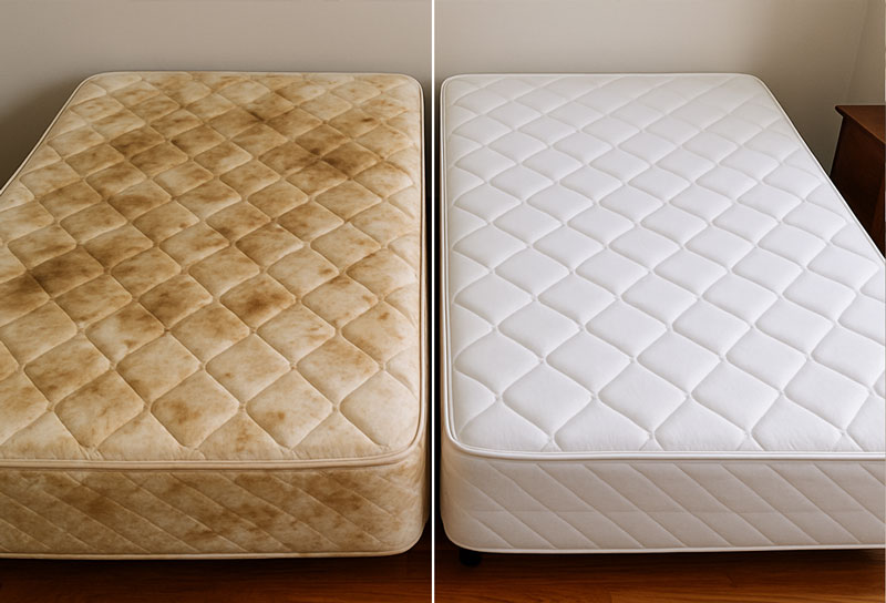 Antes y después de colchón limpiado por Red Clean Services Mty